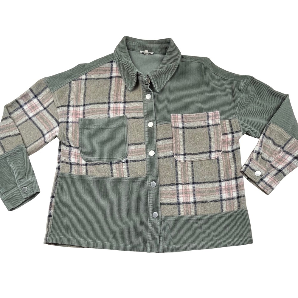 Jodifl Sage Green Corduroy Plaid Mixed Media Shacket Button Down Jacket Womens L